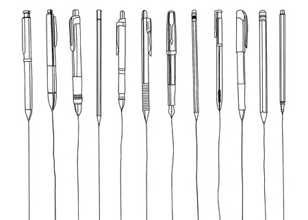 Pens and pencils in a row, contour illustration. Isolated on white.のイラスト素材