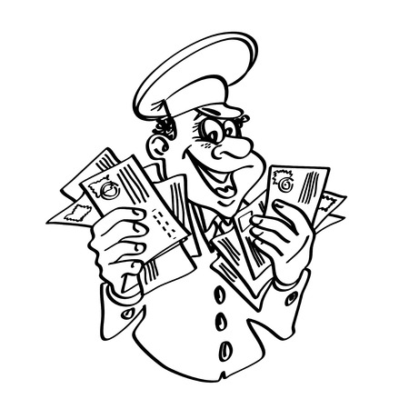 Postman with letters in hand. Contour drawing. Isolated on white background.のイラスト素材