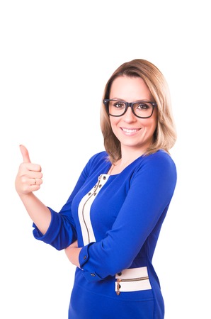 Business woman thumb up gesture, smile business woman, isolated on white backgroundの写真素材