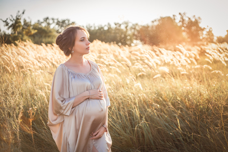 Portrait of a pregnant woman in the sunset light on the nature of the fieldの写真素材