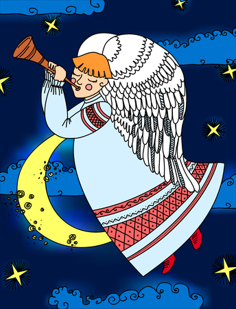 Angel with a flute flying on the backdrop of sky and clouds. Christmas vector illustration. Children's picture on the theme of the winter holidays.のイラスト素材