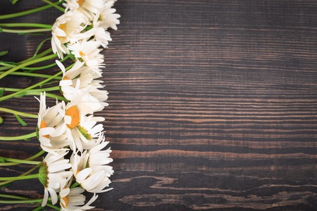 Daisy chamomile flowers on wooden background. Top view with copy space.の写真素材