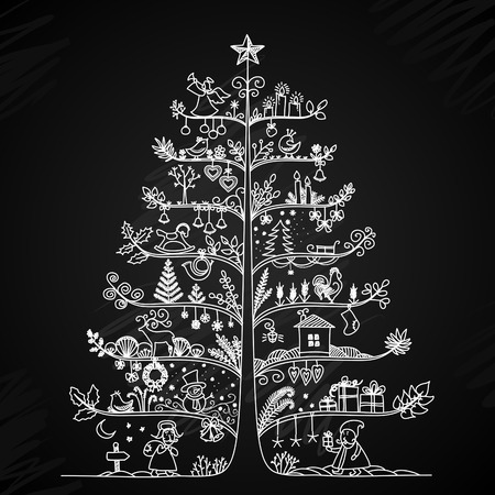 Cute vector illustration of a Christmas tree in retro style. Styling drawing chalk on a blackboard. The concept of the New Year holidays.のイラスト素材