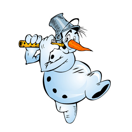 Cheerful cartoon snowman with flute isolated on white background.のイラスト素材