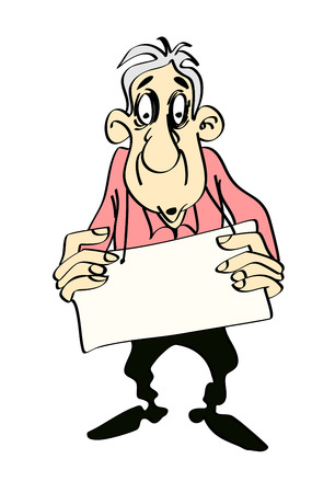 Old gray-haired man with a poster in his hands, isolated on a white background.のイラスト素材