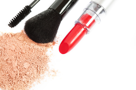 Tools and products for makeup on white backgroundの写真素材