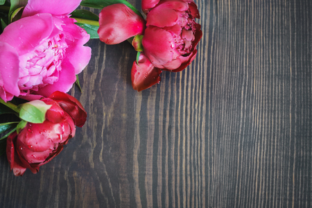 Red and pink peonies on a wooden table. Beautiful floral background with space for text.の写真素材