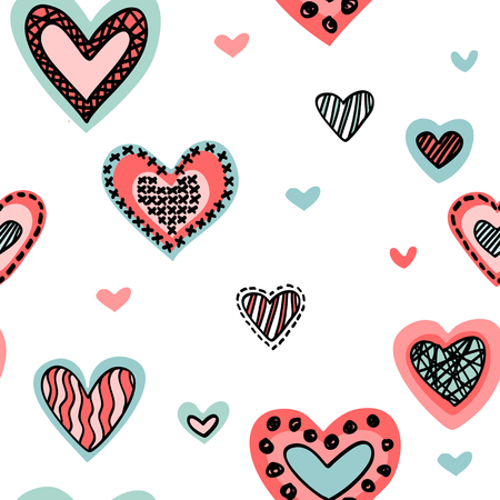 Seamless background with pink and blue hearts isolated on a white.のイラスト素材