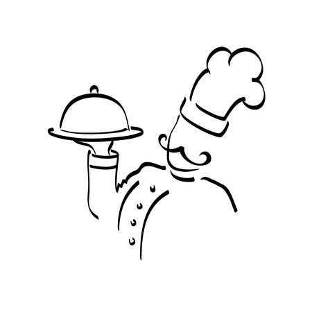 chef with tray of food in hand, isolated on white.のイラスト素材