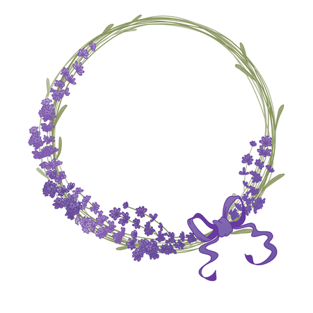 The lavender elegant card with frame of flowers and text. Floral wreath of lavender flowers isolated on white.のイラスト素材