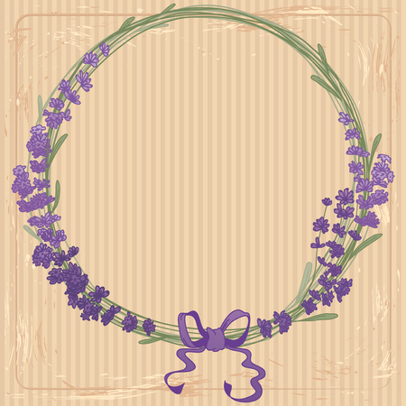 Lavender wreath with a bow on a background of brown paper. The lavender elegant card with frame of flowers.のイラスト素材