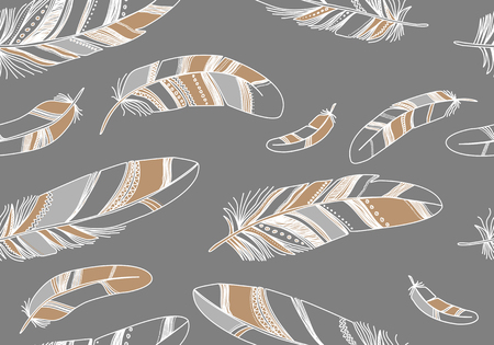 Seamless pattern with beige contour feathers on a gray background.のイラスト素材