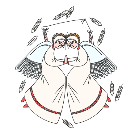 Cute scene with angels on the pillow. White background. Stock vector illustration on religious occasions.のイラスト素材