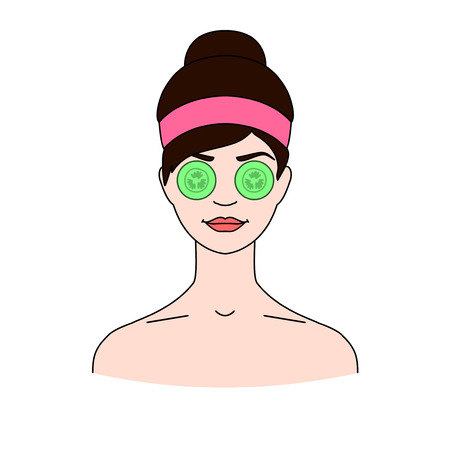 Young woman cares and protects her face with cucumber slices, facial treatment. Beauty facial procedures. Face, eye care. Isolated on a white.のイラスト素材