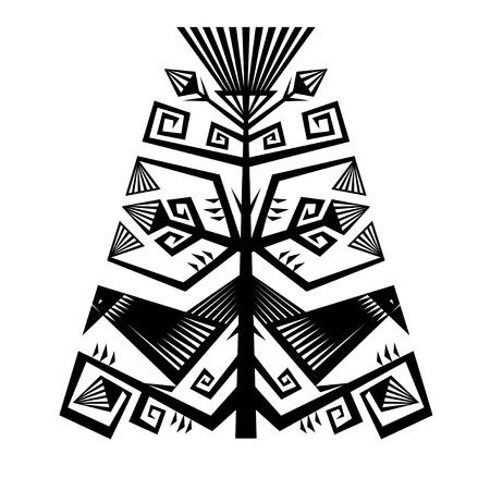 Geometric art composition with flowers and birds. Black and white vector silhouette. Isolated on white.のイラスト素材