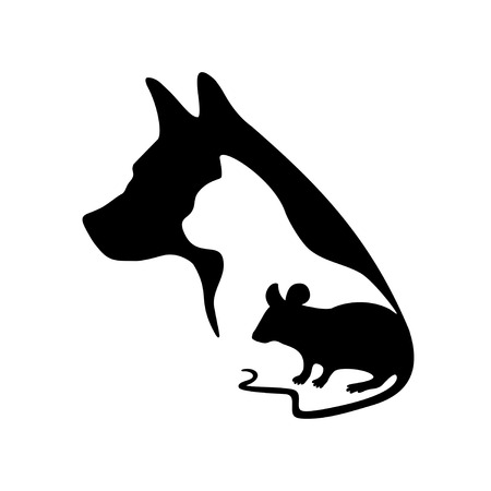 Black logo for veterinary clinic and pet shop. Vector pets silhouette on a white background. Dog, cat and mouse.のイラスト素材