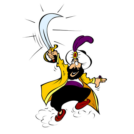 Cartoon oriental man with a sword in his hand on a white background.のイラスト素材