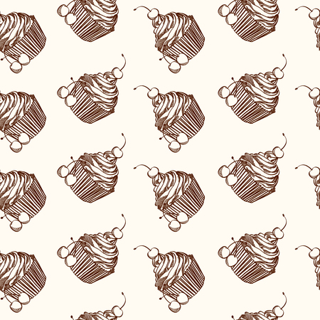 Hand drawn cupcakes seamless pattern on a beige background. Print for bakery.のイラスト素材