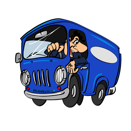 Cartoon blue bus with a driver, isolated on a white backgroundのイラスト素材