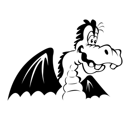 Black and white illustration of a happy cartoon dragon, isolated on a white background.のイラスト素材