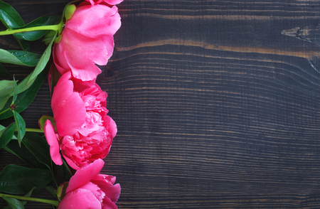 Red and pink peonies on a wooden table. Beautiful floral background with space for text.の写真素材