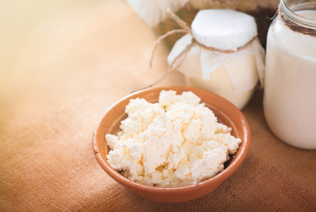 Still life of milk, cottage cheese and yogurt on the table. Farm cow dairy products. Rustic still life.の写真素材
