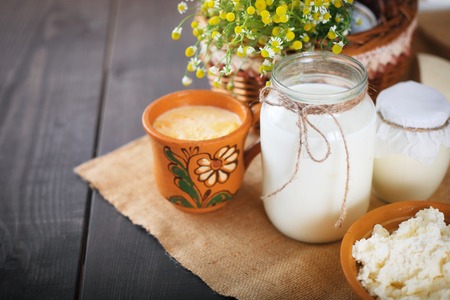 Assorted dairy products milk, yogurt, cottage cheese, sour cream. Rustic still life. Farmer's cow dairy products.の写真素材