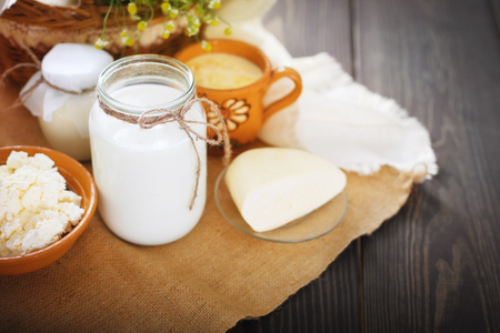 Assorted dairy products milk, yogurt, cottage cheese, sour cream. Rustic still life. Farmer's cow dairy products.の写真素材