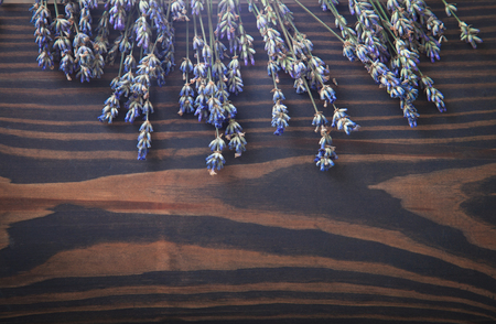 Bunch of dried lavender on wooden background.の写真素材