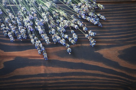 Bunch of dried lavender on a wooden background.の写真素材