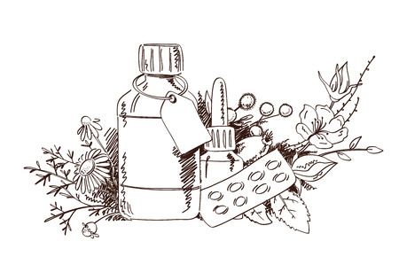 Hand draw medicinal plants and medicine. The concept of phytotherapy and alternative medicine.のイラスト素材