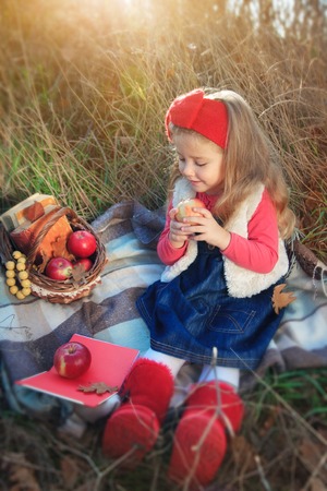 Little girl on nature with a basket of fruit and booksの写真素材