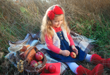 Little girl on nature with a basket of fruit and books.の写真素材
