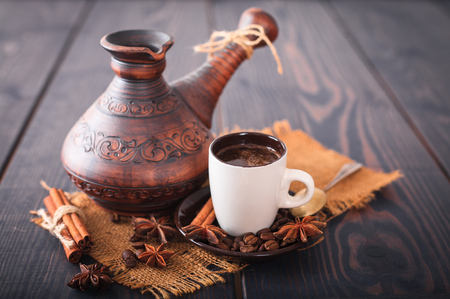 Fresh and hot turkish coffee on a table close up.の写真素材