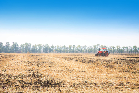 Modern red tractor in the field on a bright sunny dayの写真素材