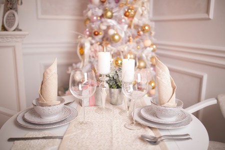 Festive Christmas table for two persons. Winter holidays - Christmas and New Year.の写真素材