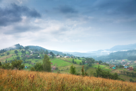 Beautiful mountain summer landscape. Mountain peaks misty morning. Ukrainian Carpathians.の写真素材