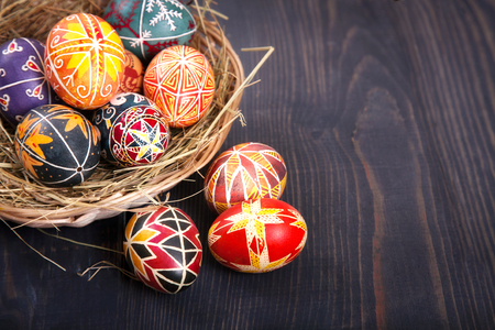 Easter eggs in a basket close-up. Symbol of Christian holidays.の写真素材
