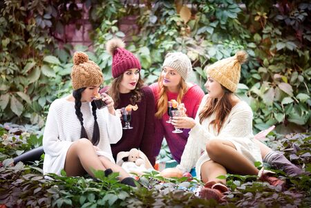 Four women best friends at a picnic in the park drink mulled wine.の写真素材