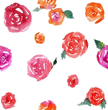 Seamless watercolor background of pink roses on a white.の写真素材