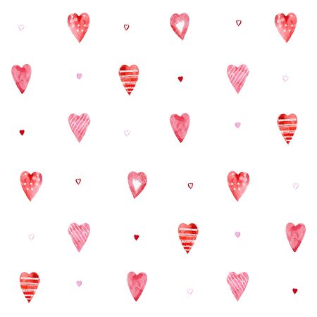 Seamless watercolor pattern of little pink hearts on a white background.の写真素材