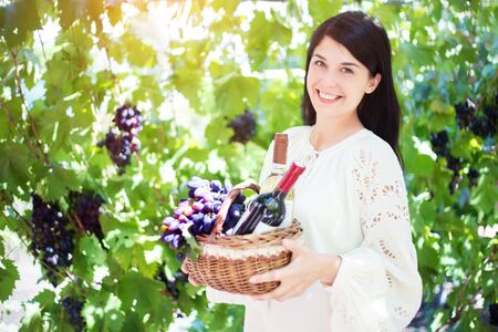 Young woman with a basket of grapes and bottles of wine at the vineyard. Wine production.の写真素材