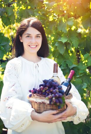 Young woman with a basket of grapes and bottles of wine at the vineyard. Wine production.の写真素材