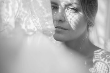 Black and white woman portrait, morning bride, beautiful woman.の写真素材