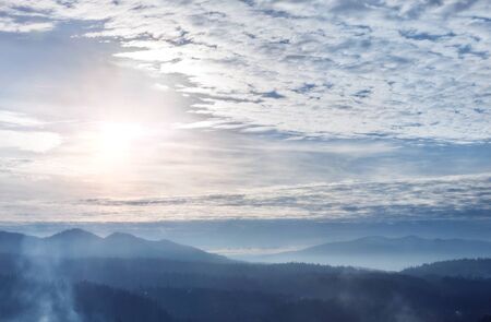 Evening mountain landscape. Beautiful panoramic mountain scene.の写真素材