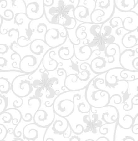 Background with gray curls and lily flowers, isolated on a white background, floral, retro style.のイラスト素材