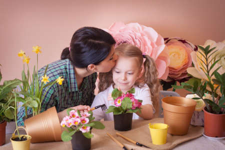 Mom and daughter take care of indoor flowers. Studio photo. Happy family on a studio.の写真素材