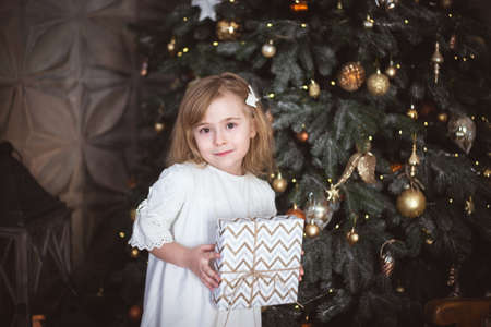 Cute little girl with a Christmas present in her hands. Winter holidays, christmas and new year. High quality photo.の写真素材