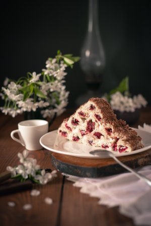 Homemade cake with cherries and cream on a wooden table. Dessert close-up.の写真素材