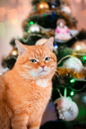 An adult red cat at home against the background of a Christmas tree. The winter holidays.の写真素材